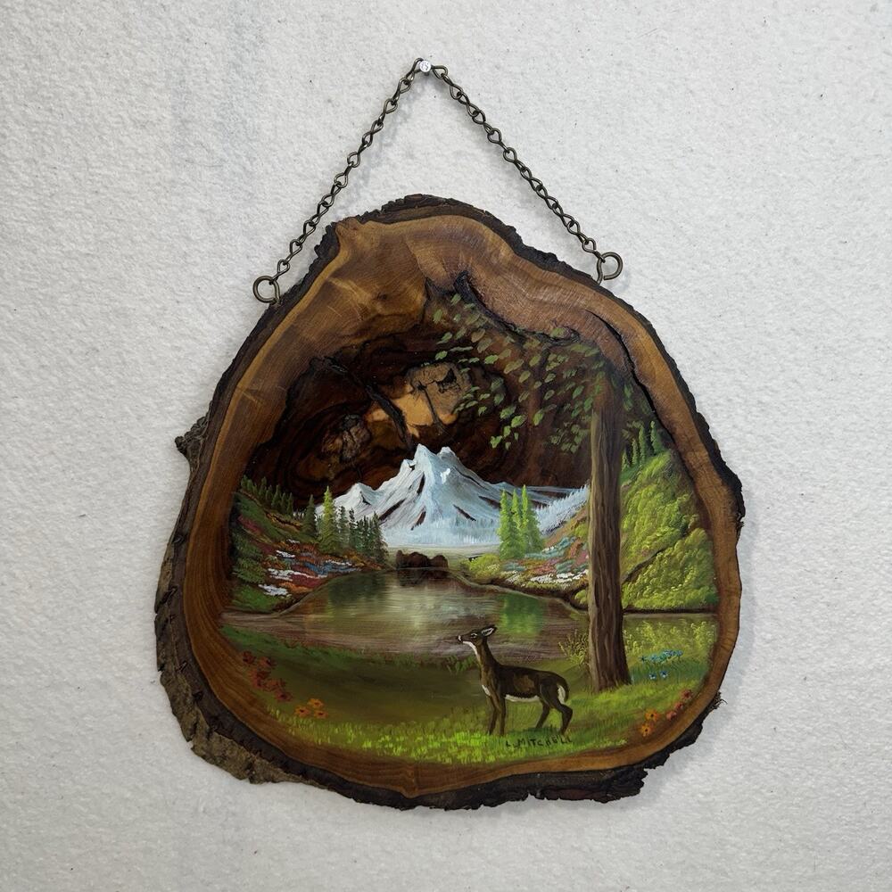 Wooden Slice Hand Painted Scenic Landscape Mountain Lake Deer Signed L. Mitchell